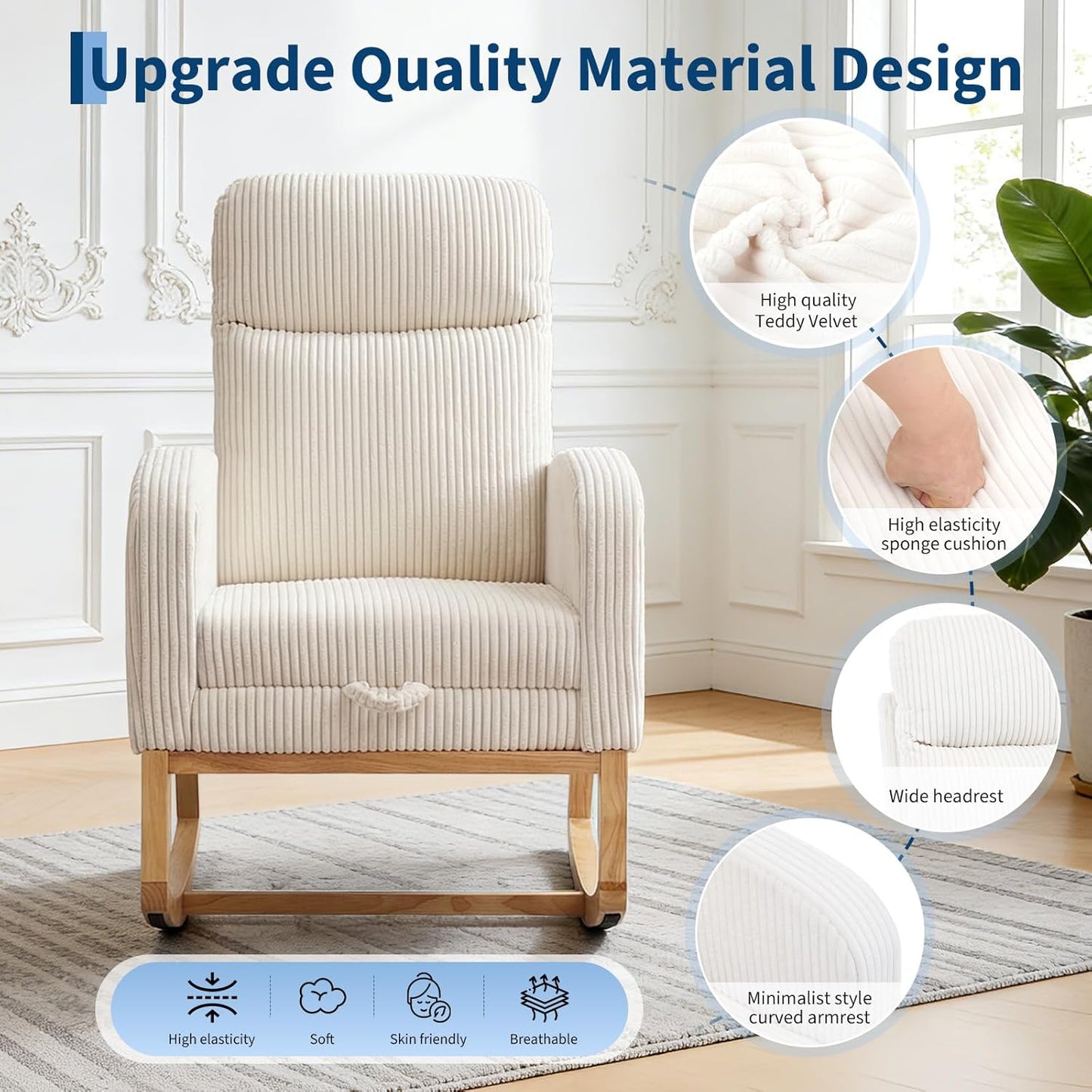 Garvee Teddy Fleece Nursery Rocking Chair,Upholstered Glider with 26" High Backrest, Padded Seat,Modern 300 Lbs Weight Capacity Accent Recliner for Living Room, Bedroom, Reading