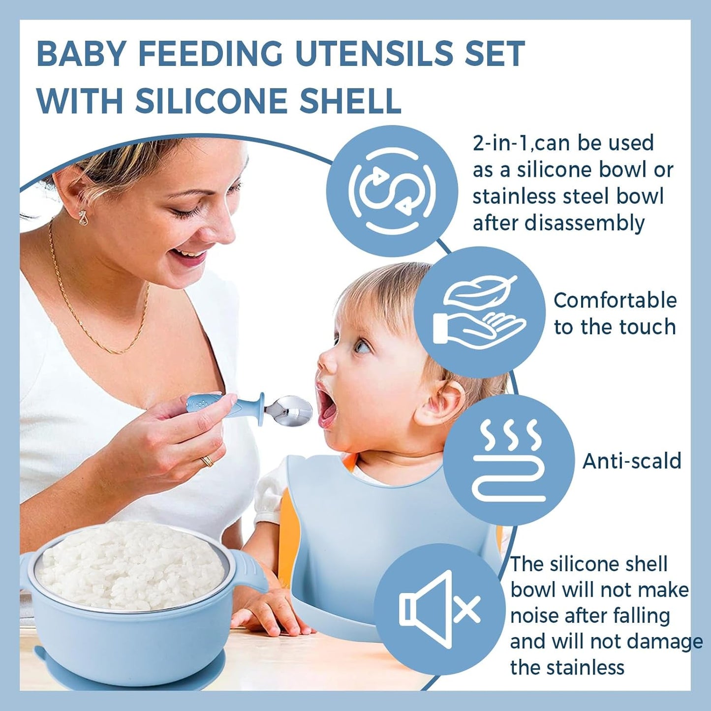 7 Pieces 304 Stainless Steel Baby & Toddler Feeding Set - Suction Divided Plates, Bowls, Silicone & Stainless Spoon Fork,Pocket Bib Unbreakable, Dishwasher Safe Kids Dinnerware Essentials (Blue)