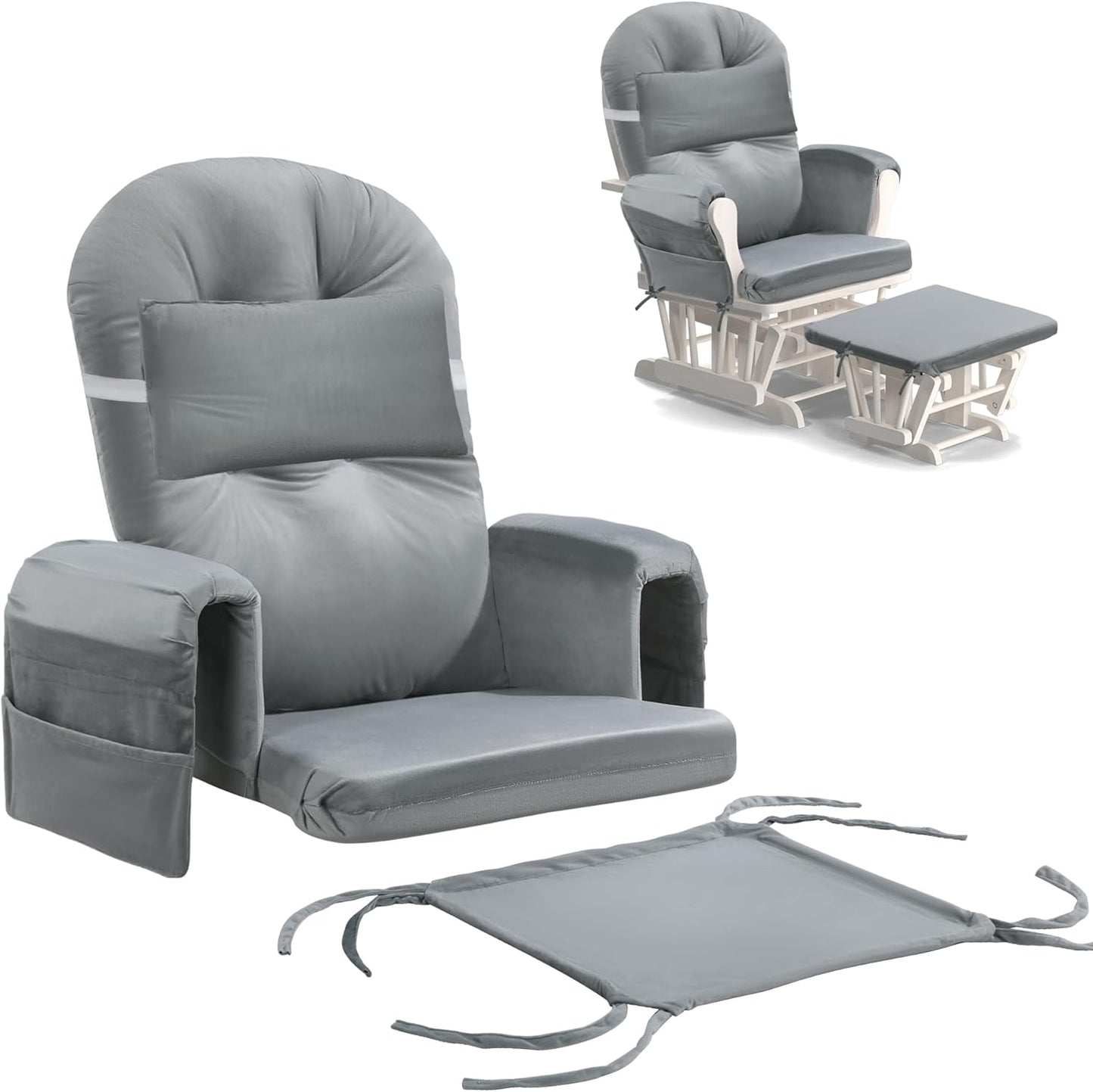 MABOZOO 6 PCS Glider Rocker Replacement Cushions with Storage Side Pocket,Foam & Microfiber Filling, Non-Slip & Washable,Thickened & Supportive Velvet Rocking Chair Cushion Set(Gray)
