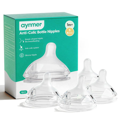 Aynmer Natural Flow Baby Bottle Silicone Nipple，0+ Months, 4 Counts (L)