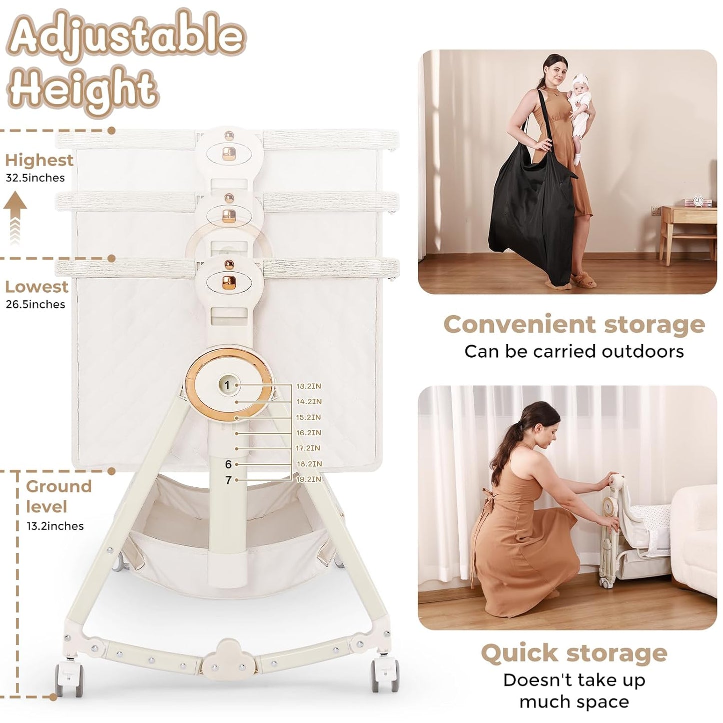 Baby Bassinet 5 in 1,Baby Bedside Bassinet with Diaper Changer, Mosquito Net, Mattress, Storage Layer, Can Be Stored in One Button Travel Crib (Beige)