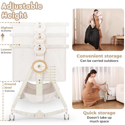 Baby Bassinet 5 in 1,Baby Bedside Bassinet with Diaper Changer, Mosquito Net, Mattress, Storage Layer, Can Be Stored in One Button Travel Crib (Beige)