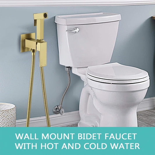 BARROCK Warm Water Bidet Sprayer Faucet for Toilet with Hot and Cold Brass Rough-in Valve, Stainless Steel Square Handheld Bidet Attachment Set For Feminine, Pets and Baby Diaper Washing, Brushed Gold