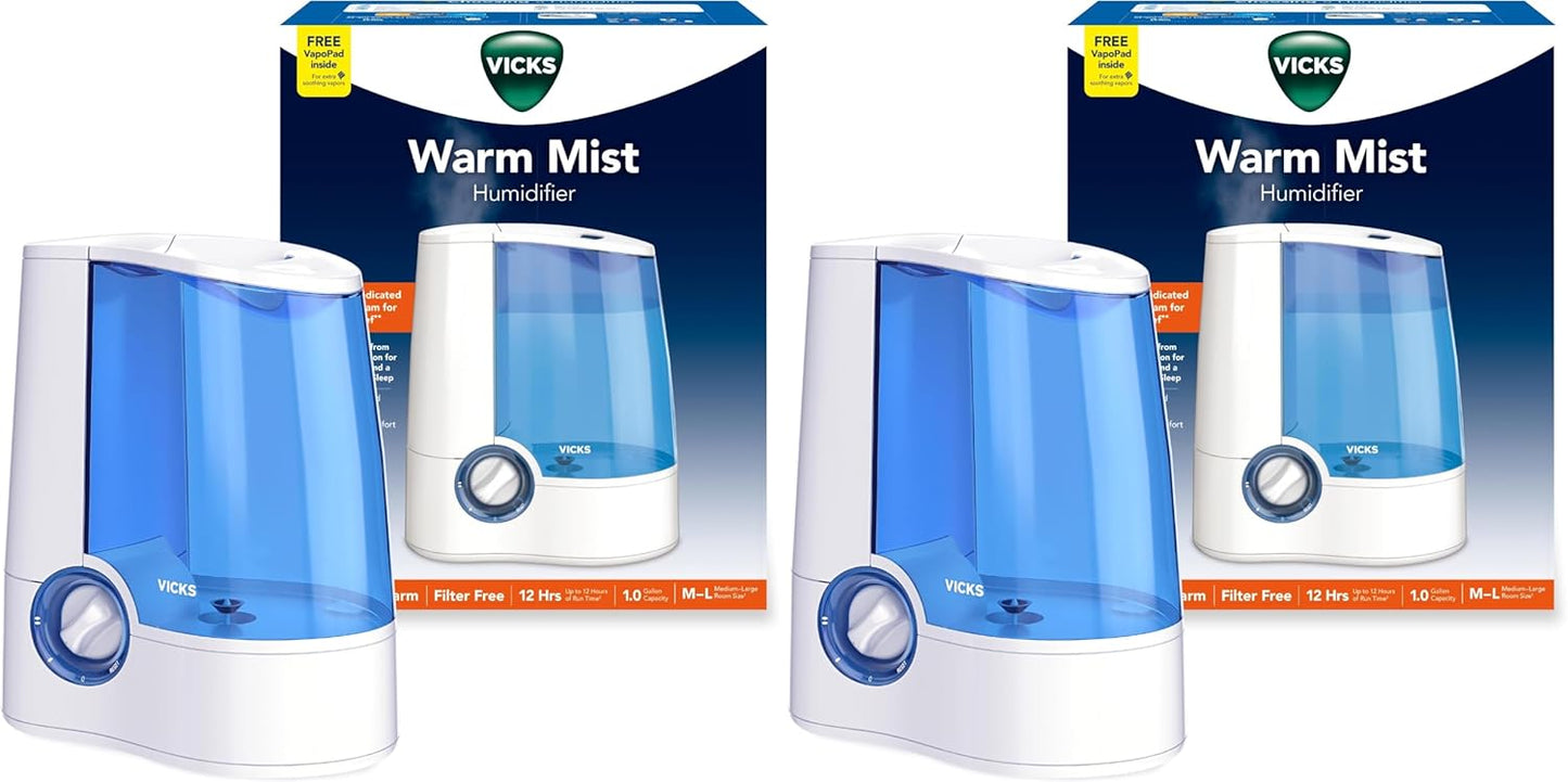 Vicks Warm Mist Humidifier Filter-Free 1-Gal Tank, Auto Shut-Off, Night Light, VapoPad and VapoSteam Compatible