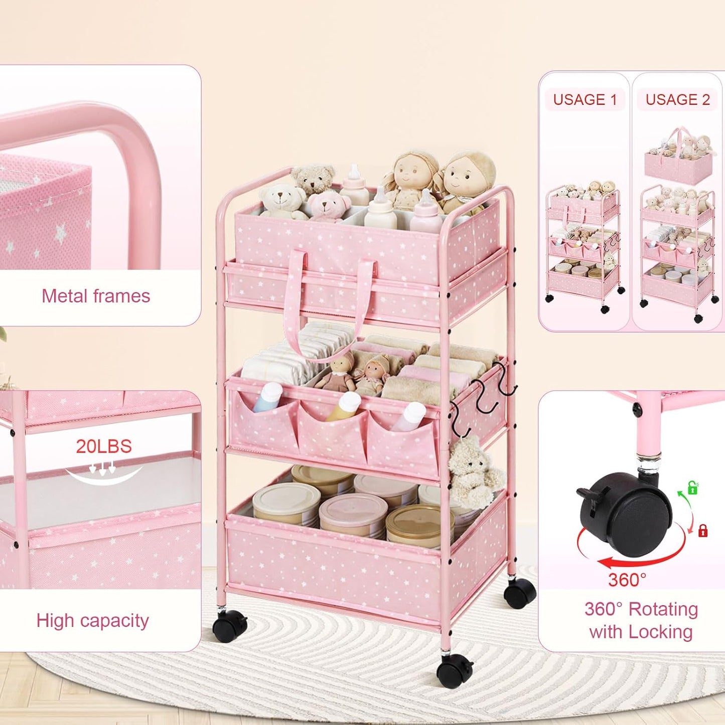 Yookeer 2in1 Baby Diaper Caddy Organizer Cart 3 Tier Large Capacity Metal Utility Bedside Rolling Cart with Divider Newborn Registry Gift Nursery Essential Must Have Bedroom Baby Shower(Gray,Star)