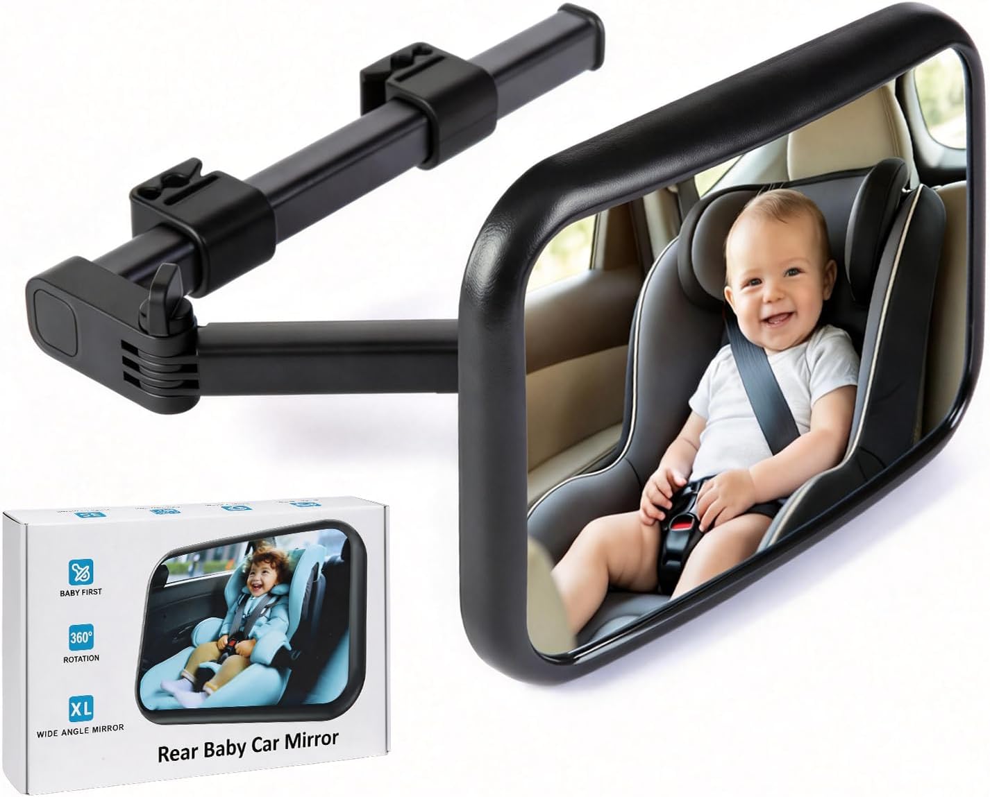 Baby Car Mirror for Rear Facing Seat, Extendable Arm Car Seat Mirror for Baby, Shatterproof Wide View Backseat Mirror, 360° Adjustable Stable Hook Clip Baby Mirror, Newborn Essentials