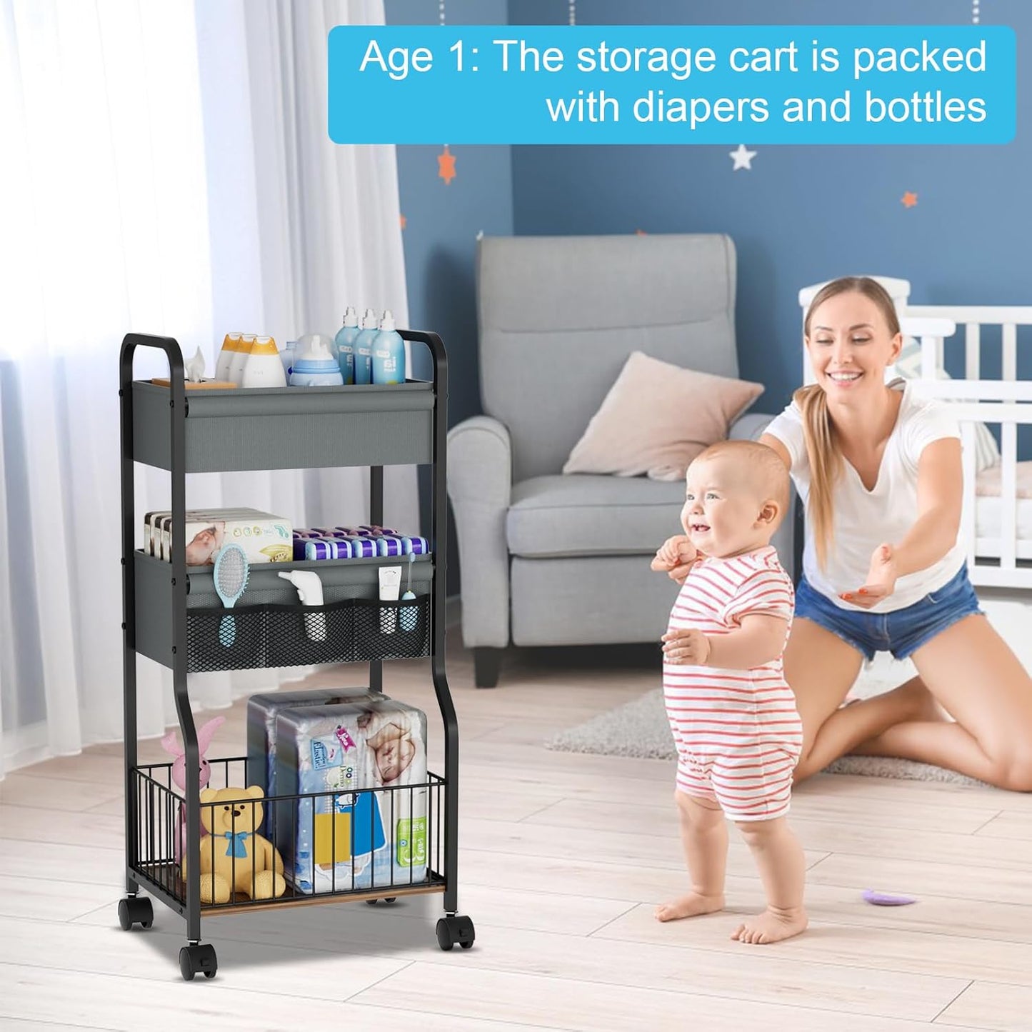 3-tier Baby Diaper Caddy Organizer and Storage Cart with 4+3 Dividers, Metal Utility Cart with Lockable Wheels for Nursery, Bedroom, Bathroom, White