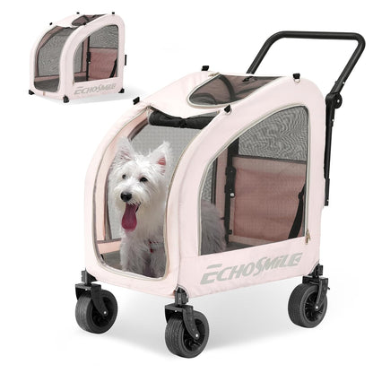 EchoSmile 4 Wheels Pet Stroller, Dog & Cat Stroller for All-Season, Lightweight Carrier with Storage Basket, Adjustable Handle, Removable Pad, Breathable Mesh, Up to 135 lbs, Grey