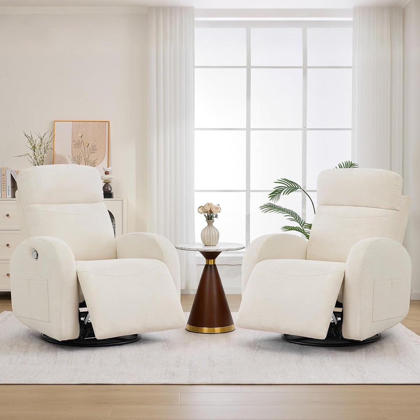 Dual Motors Power Recliner with Adjustable Headrest, Electric Swivel Rocker Recliner for Nursery, Glider Reclining Rocking Nursery Chairs for Small Space, Living Room, Bedroom, Chenille Cream White