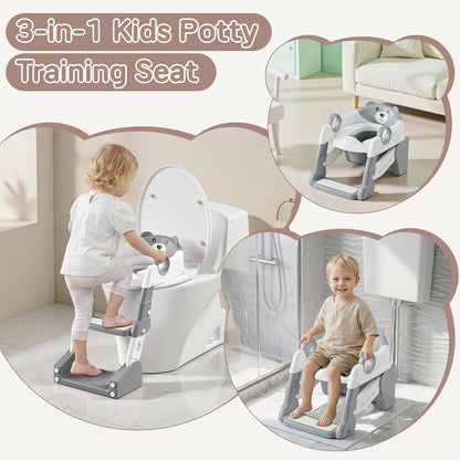 Potty Training Seat,Toddler Toilet Seat for Boys Girls,3-in-1 Potty Training Toilet and Chair with Step Stool Ladder,Anti-Slip Height Adjustable Foldable Splash Guard for Kids (Grey)