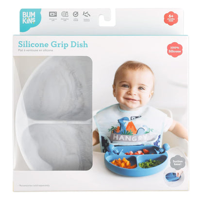 Bumkins Toddler and Baby Suction Plate, Divided Grip Dish for Babies and Kids, Baby Led Weaning, Feeding Supplies, Sticks to Tables and Highchairs, Platinum Silicone, for Chidren 6 Months, Gray