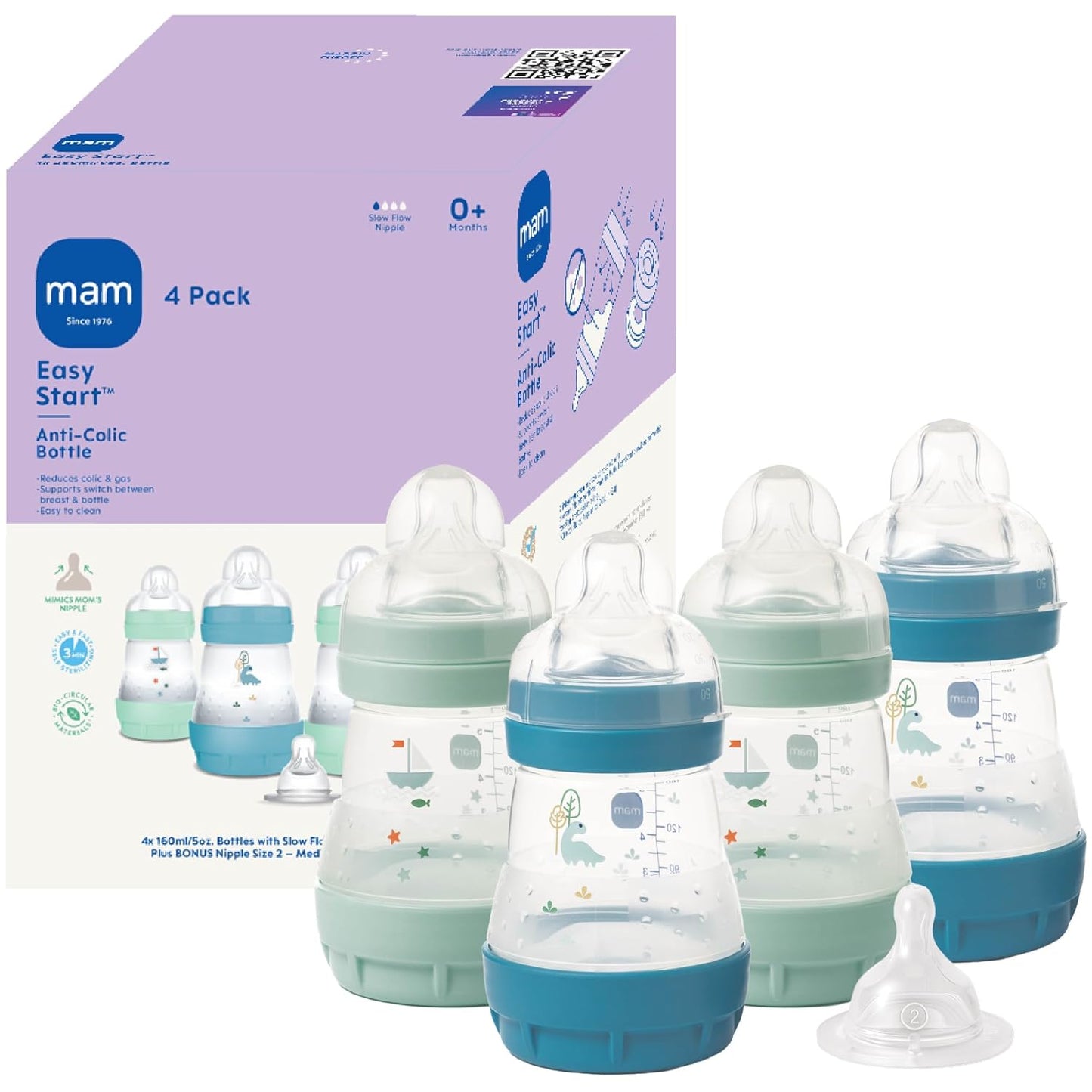 MAM 4.5oz Easy Start Anti-Colic Wide Neck Vented Baby Bottle, Extra Slow Flow Breastfeeding-Like Silicone Nipple, Reduces Colic, Gas & Reflux, Easy to Clean, BPA Free, 0+ Months, Made in Europe