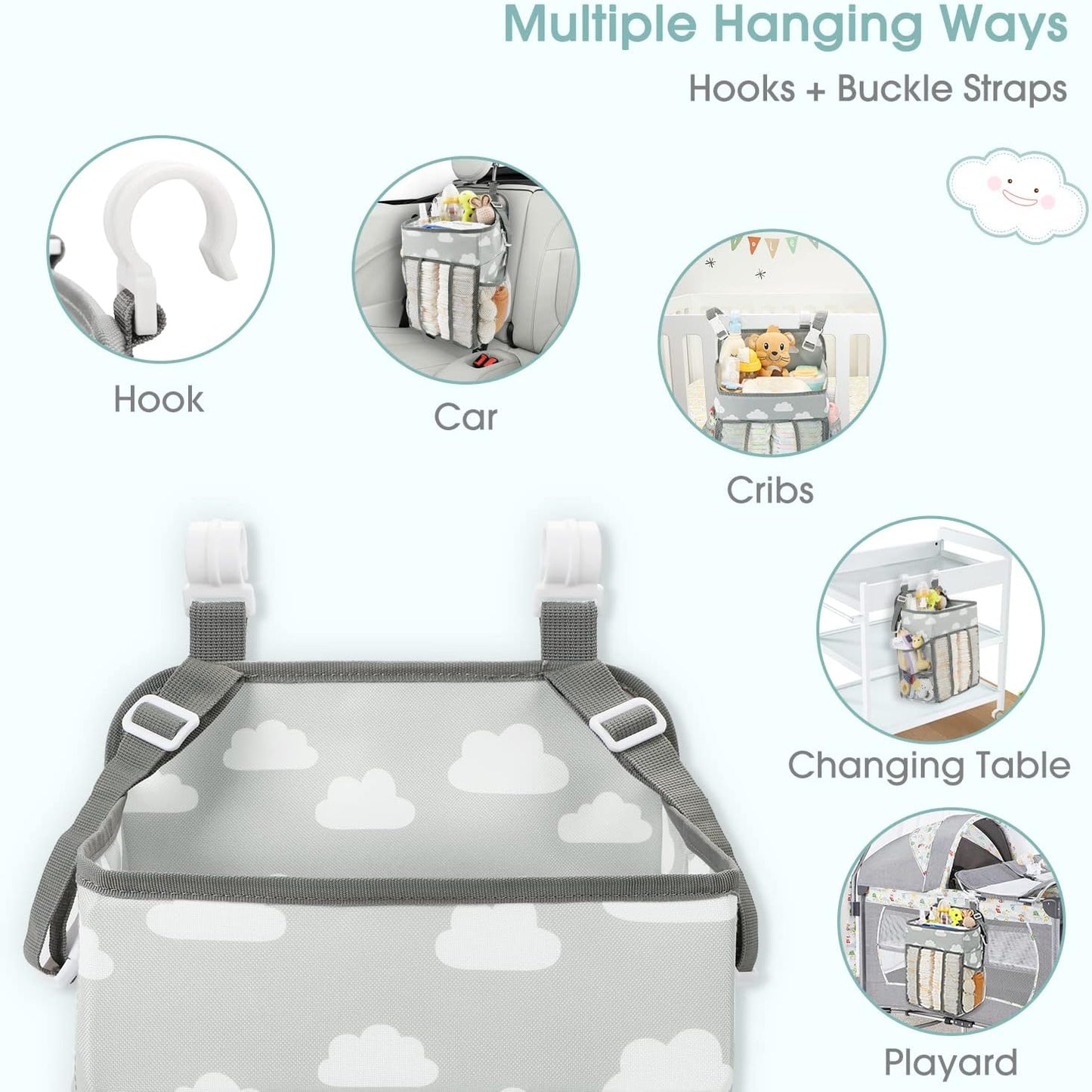 Maliton Changing Table Diaper Organizer - Baby Hanging Diaper Stacker Nursery Caddy Organizer for Cribs Playard Baby Essentials Storage (Gray)
