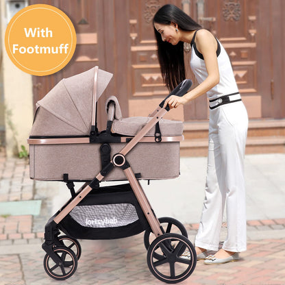 Lortsybab 2-in-1 Baby Stroller - Folding Infant Newborn Pram Stroller with Reversible Seat - Toddler Strollers for 0-36 Months Old Babies (Pink)
