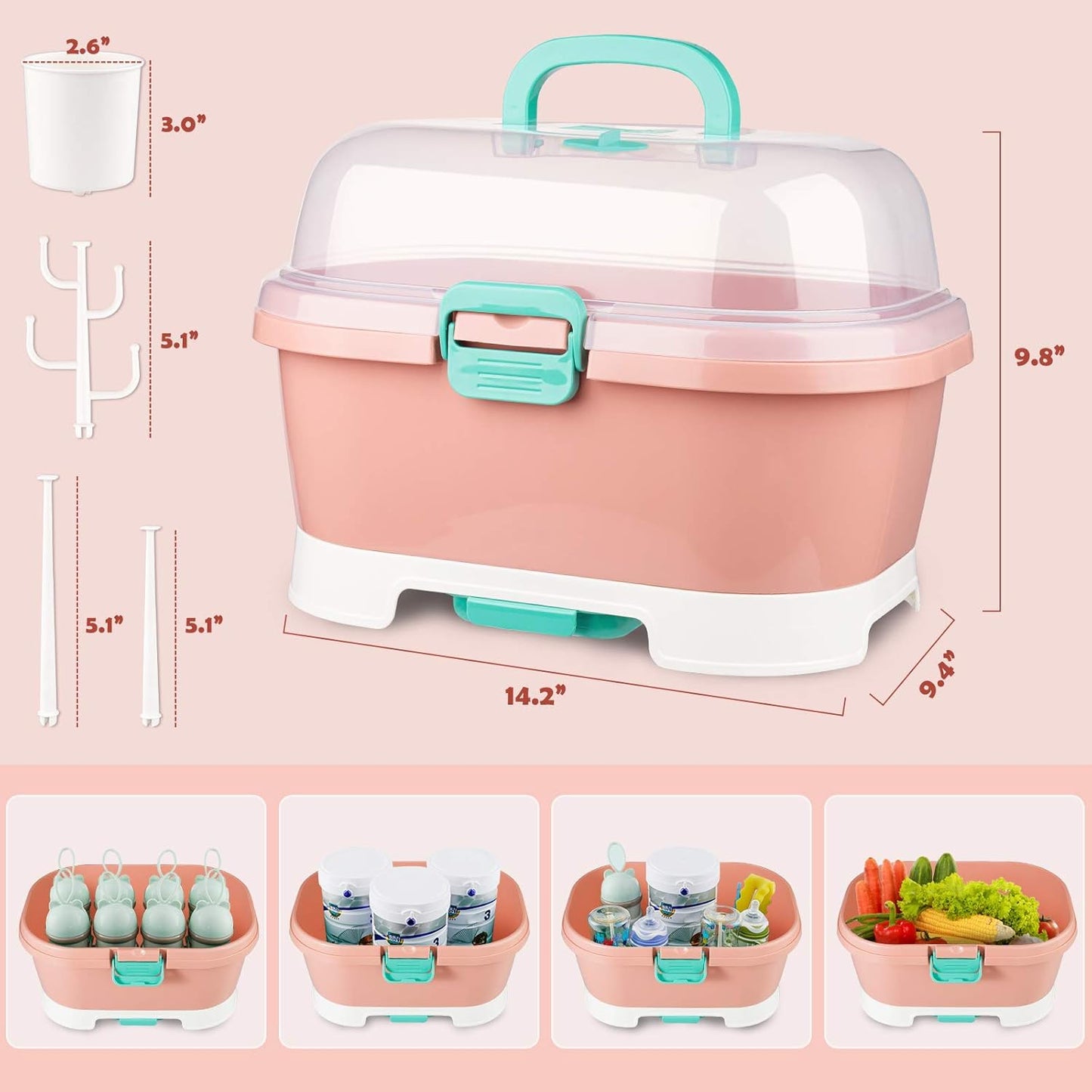 NiHome Portable Baby Bottle Drying Rack with Anti-Dust Lid, Cutlery Organizer and Drain Board - Easy-Carry Handle for Home, Kitchen, Travel and Outdoors (Pink)
