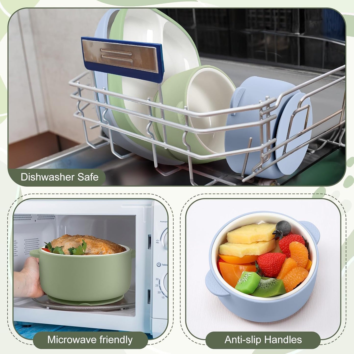 Domensi 4 Pcs Square Porcelain Kid Plate and Bowl Set with Suction, 2 Ceramic Toddler Divided Plate 2 Baby Anti Slip Silicone Sleeve Bowl for Feeding Supplies Microwave Dishwasher Safe(Blue, Green)