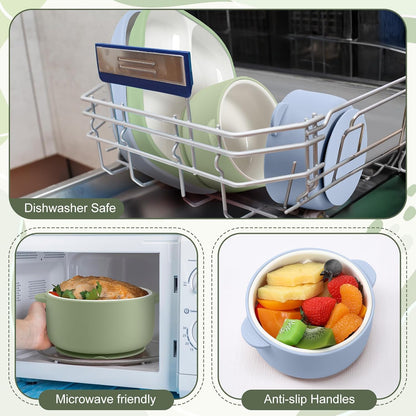 Domensi 4 Pcs Square Porcelain Kid Plate and Bowl Set with Suction, 2 Ceramic Toddler Divided Plate 2 Baby Anti Slip Silicone Sleeve Bowl for Feeding Supplies Microwave Dishwasher Safe(Blue, Green)