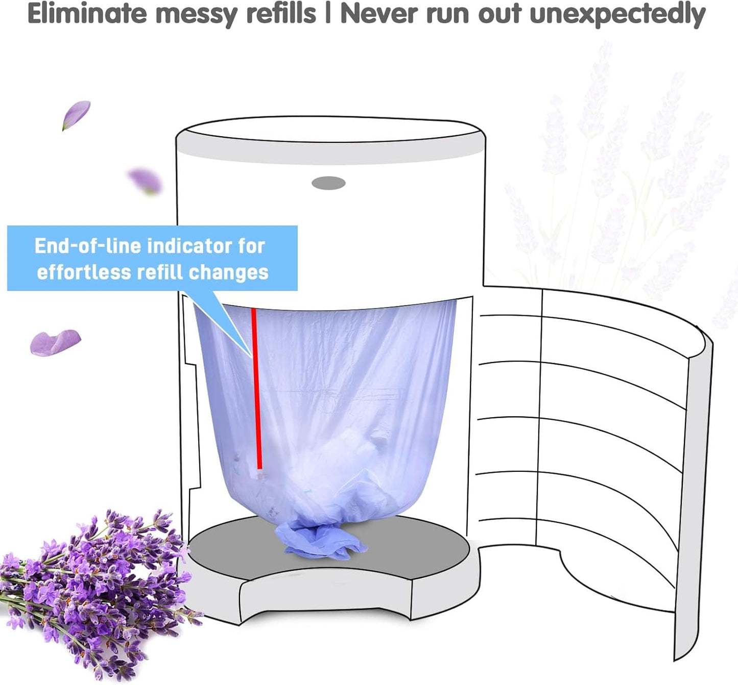 Diaper Pail Refill Bags Compatible With Dekor Plus Diaper Pail, Extra 30% Length, Lavender Scent, 8 Pack