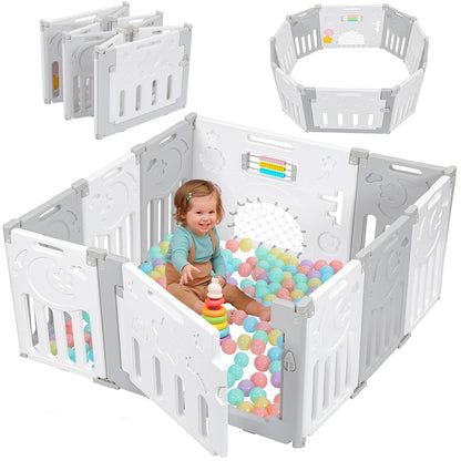 Baby Playpen, Dripex Baby Playard for Babies and Toddlers, 14-Panel Foldable Playpen Adjustable Portable Play Area, Indoor/Outdoor Kids Active Center with Game Panel & Safety Gate, Grey White