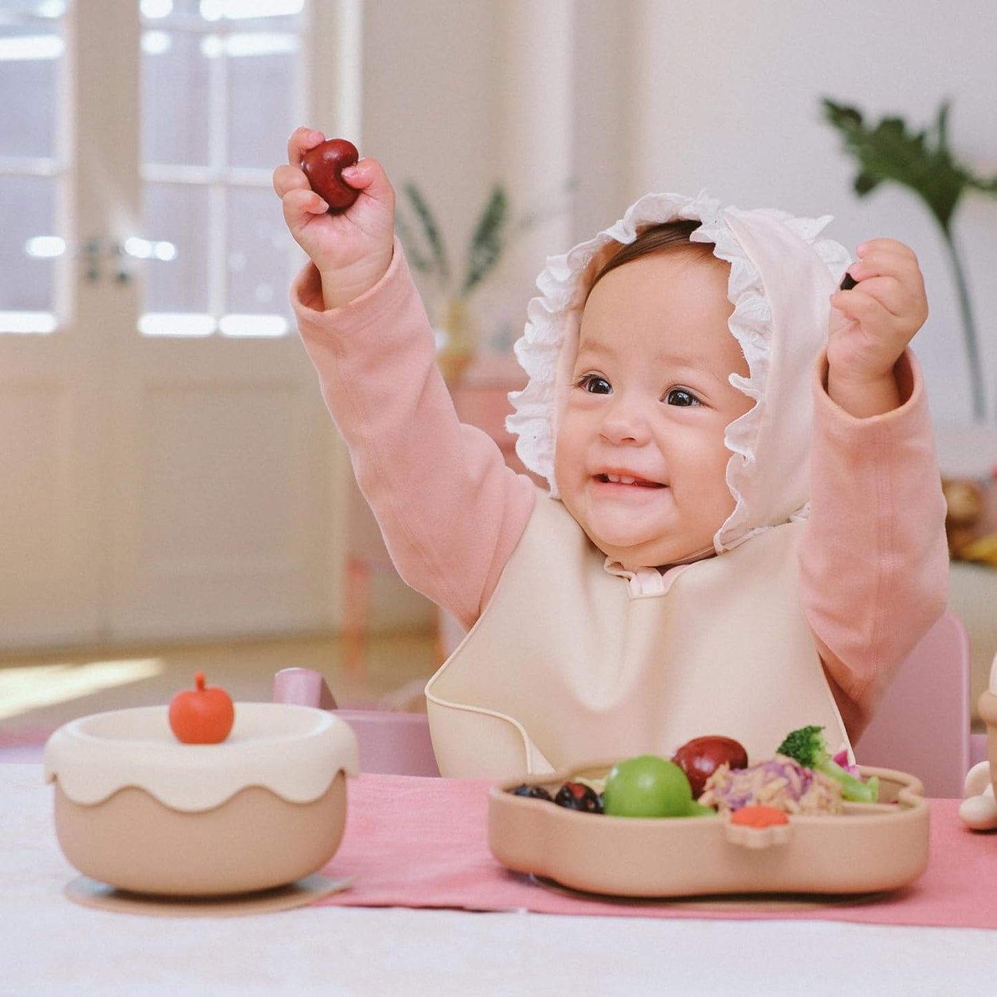 Silicone Baby Feeding Set, Gelato Collection Baby Led Weaning Supplies, First Self-Feeding Ice Cream Set, Silicone Suction Bowl with Cherry Lid & Plate, Straw Cup & Bib, Fork & Spoon - Pink