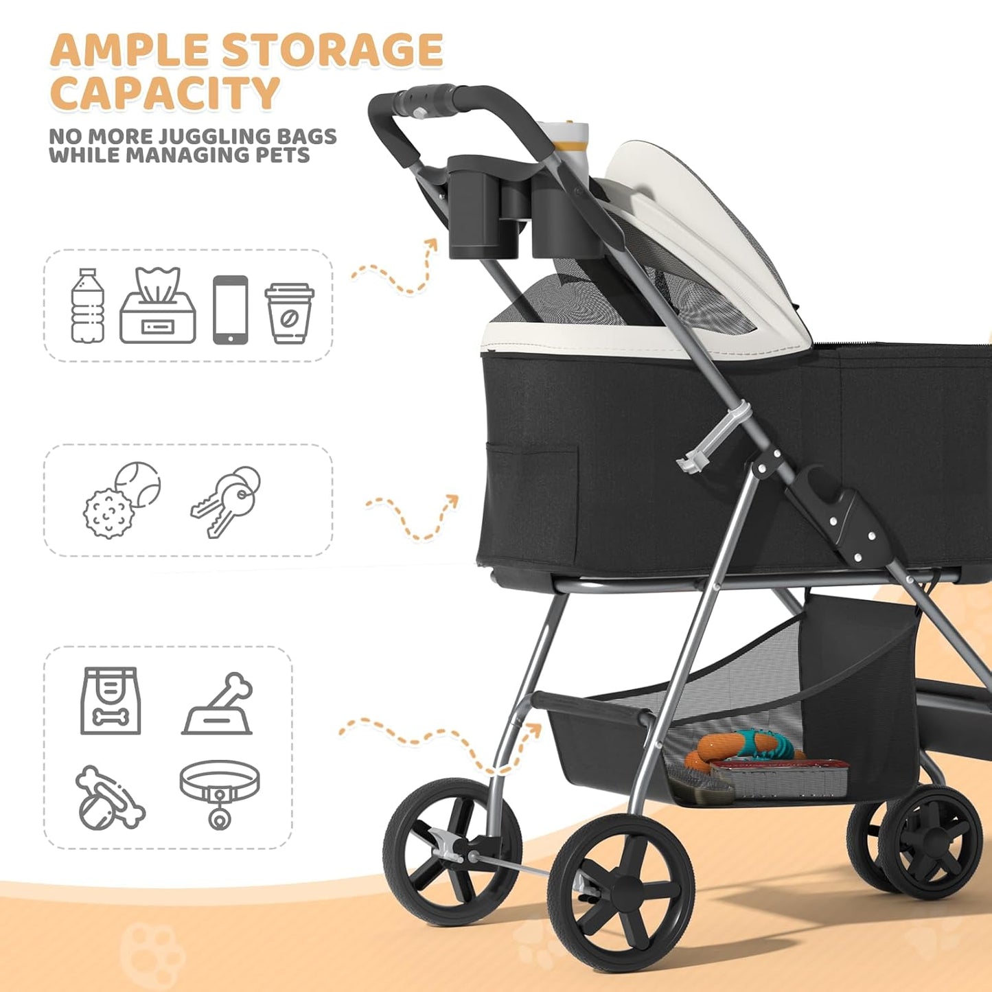 Magshion Compact Pet Stroller for Small-Medium Dogs/Cats up to 22lbs, 4-Wheel Lightweight Umbrella Shaped Portable Puppy Travel Jogger with Breathable Mesh, Cup Holder & Rear Storage, Black