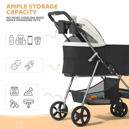 Magshion Compact Pet Stroller for Small-Medium Dogs/Cats up to 22lbs, 4-Wheel Lightweight Umbrella Shaped Portable Puppy Travel Jogger with Breathable Mesh, Cup Holder & Rear Storage, Black