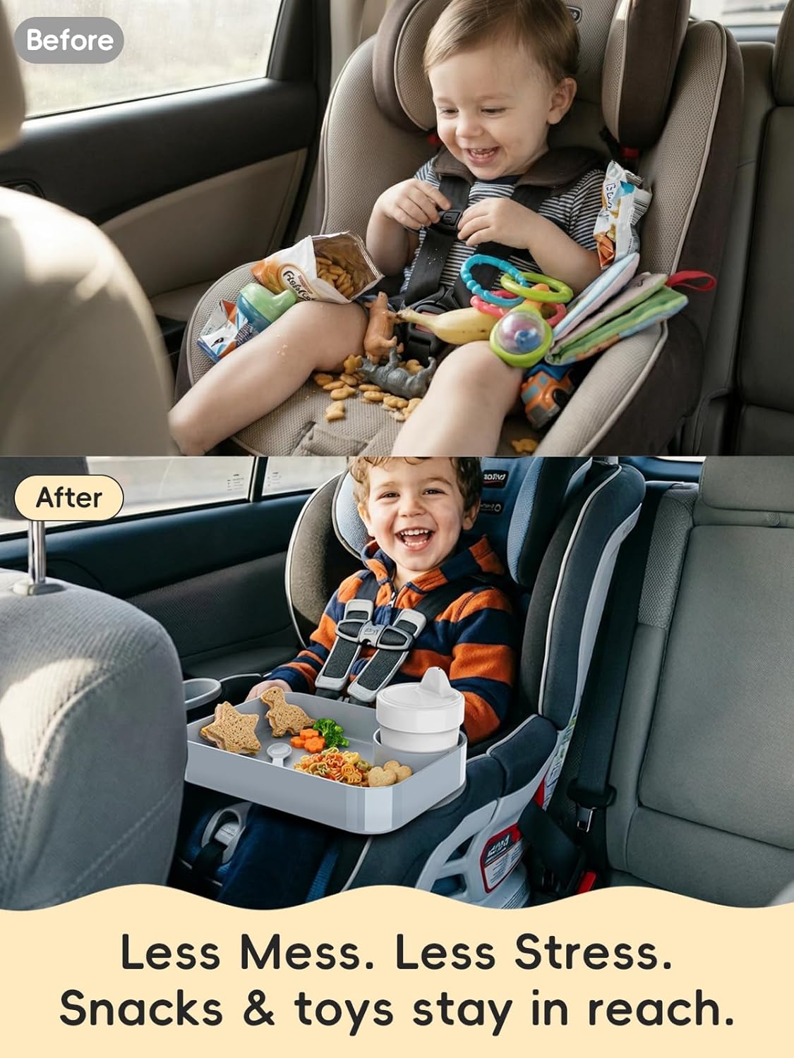 Car Seat Cup Holder Snack Tray for Kids, Reduces Mess, Detachable Large Base & Adjustable Ring, Carseat Tray for Toddler, Car Seat Food Tray Table for Kid Travel Road Trip Essentials -Light Gray