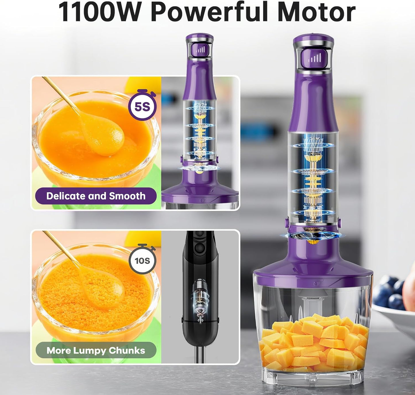Turelar Immersion Blender Handheld Corded Hand Blenders Set 1100W, Trigger Variable Speed 5 in 1 Stick Emulsifier with Chopper, Whisk and Frother for Soup, Baby Food and Smoothies, Orange