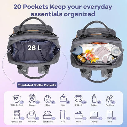RUVALINO Diaper Bag Backpack, Multifunction Travel Pack Maternity Baby Changing Bags, Large Capacity, Waterproof, Dark Gray | Multifunction, Travel Pack, Maternity, Baby Changing Bags, Waterproof