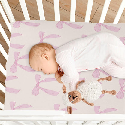 Fitted Crib Sheets Pink Checkered and Bows Stretchy Portable Playard Sheets for Baby Toddler, Breathable Soft Mini Crib Mattress 39 x 27 in for Boys and Girls