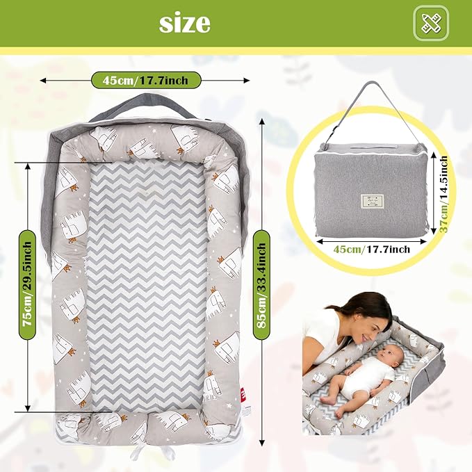 Baby Lounger for Newborns & Infants 0–24 Months, 100% Cotton Breathable Infant Support Cushion with Adjustable Size, Portable Baby Nest for Home and Travel, Baby Shower Gift (Elephant Grey)