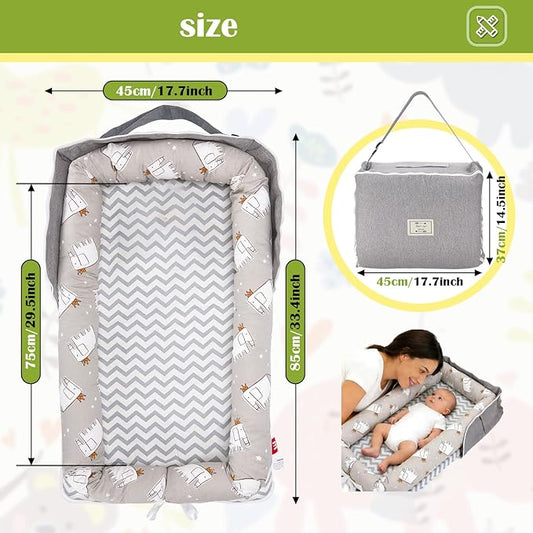 Baby Lounger for Newborns & Infants 0–24 Months, 100% Cotton Breathable Infant Support Cushion with Adjustable Size, Portable Baby Nest for Home and Travel, Baby Shower Gift (Elephant Grey)