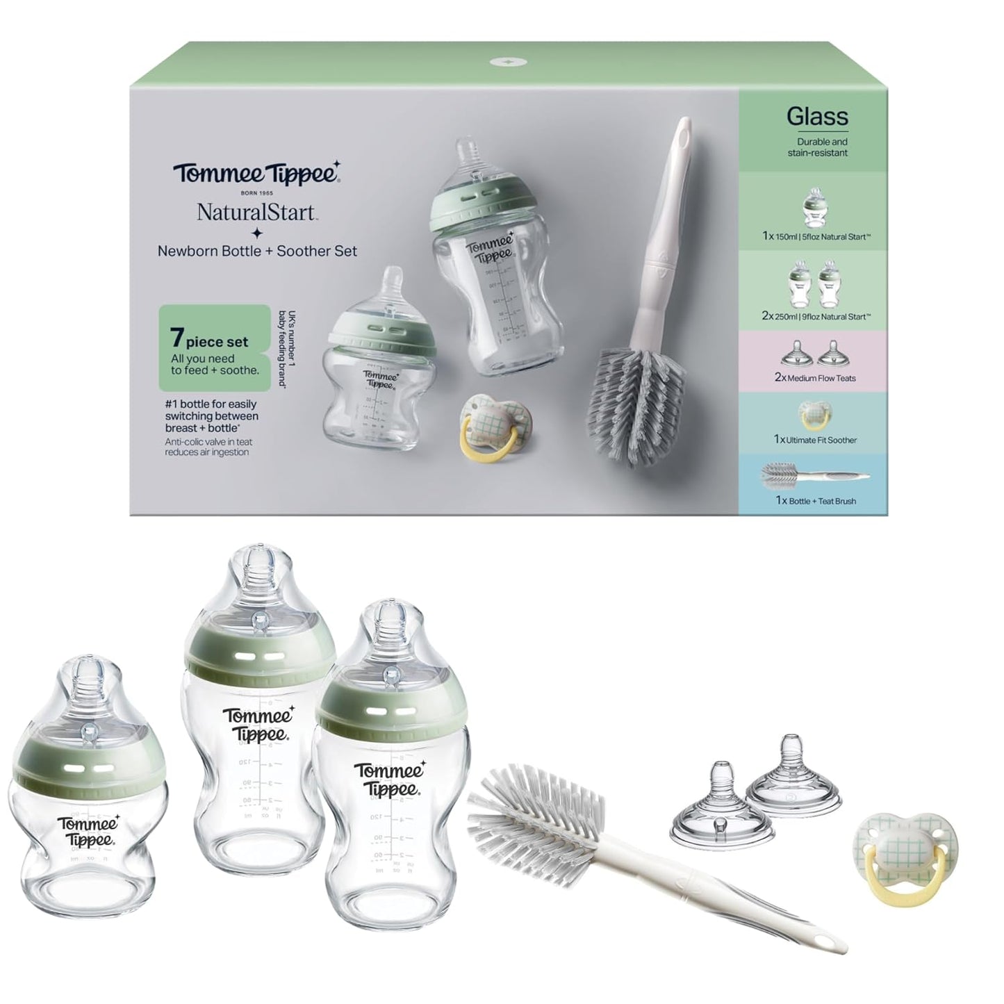 Tommee Tippee Natural Start 9 oz Glass Baby Bottles, Self Sterilizing, BPA & Phthalates Free, 0+ Months, Slow Flow Breast-Like Nipple for a Natural Latch, Travel Jar Lids, Cup Rings, Pack of 3