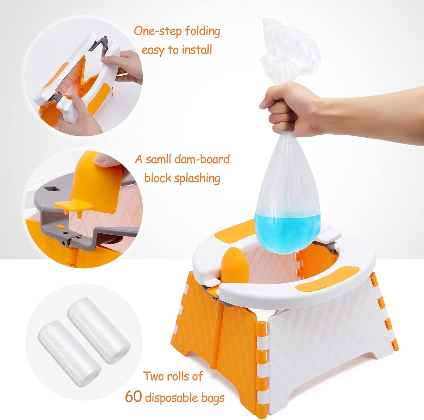 Toddler Portable Potty Training Seat for Kids Baby Foldable Toilet Child Travel Potty in Car Camping Potty Chair Seat for Indoor Outdoor, with 60 Disposable Bags