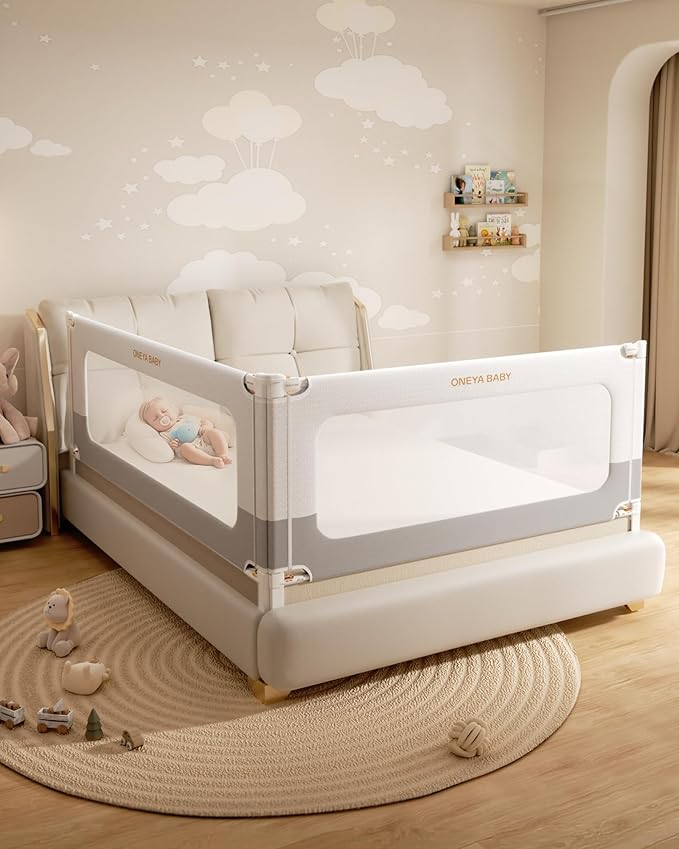 2 Piece Bed Rails for Queen Bed, No-Drill Needed Baby Bed Rail Guard for Toddlers with Height Adjustable, Thickened Child Safety Side Railing Guards/Bedrail for Kids, White/Grey, 60x78.7Inches
