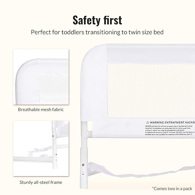 Dream On Me Lightweight Mesh Security Adjustable Bed Rail Double Pack with Breathable Mesh Fabric in White, 2 Count (Pack of 1)