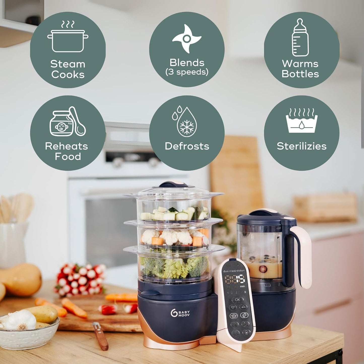 Babymoov Duo Meal Station XL, 6 in 1 Food Processor with Steamer, Multi-Speed Blender, Warmer, Defroster & Sterilizer (Nutritionist Approved), pink