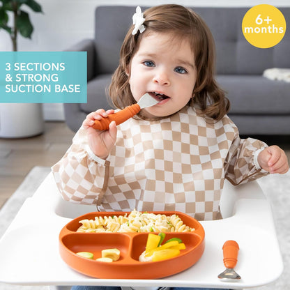 Bumkins Toddler and Baby Suction Plate, Divided Grip Dish for Babies and Kids, Baby Led Weaning, Feeding Supplies, Sticks to Tables and Highchairs, Platinum Silicone, for Chidren 6 Months, Gray