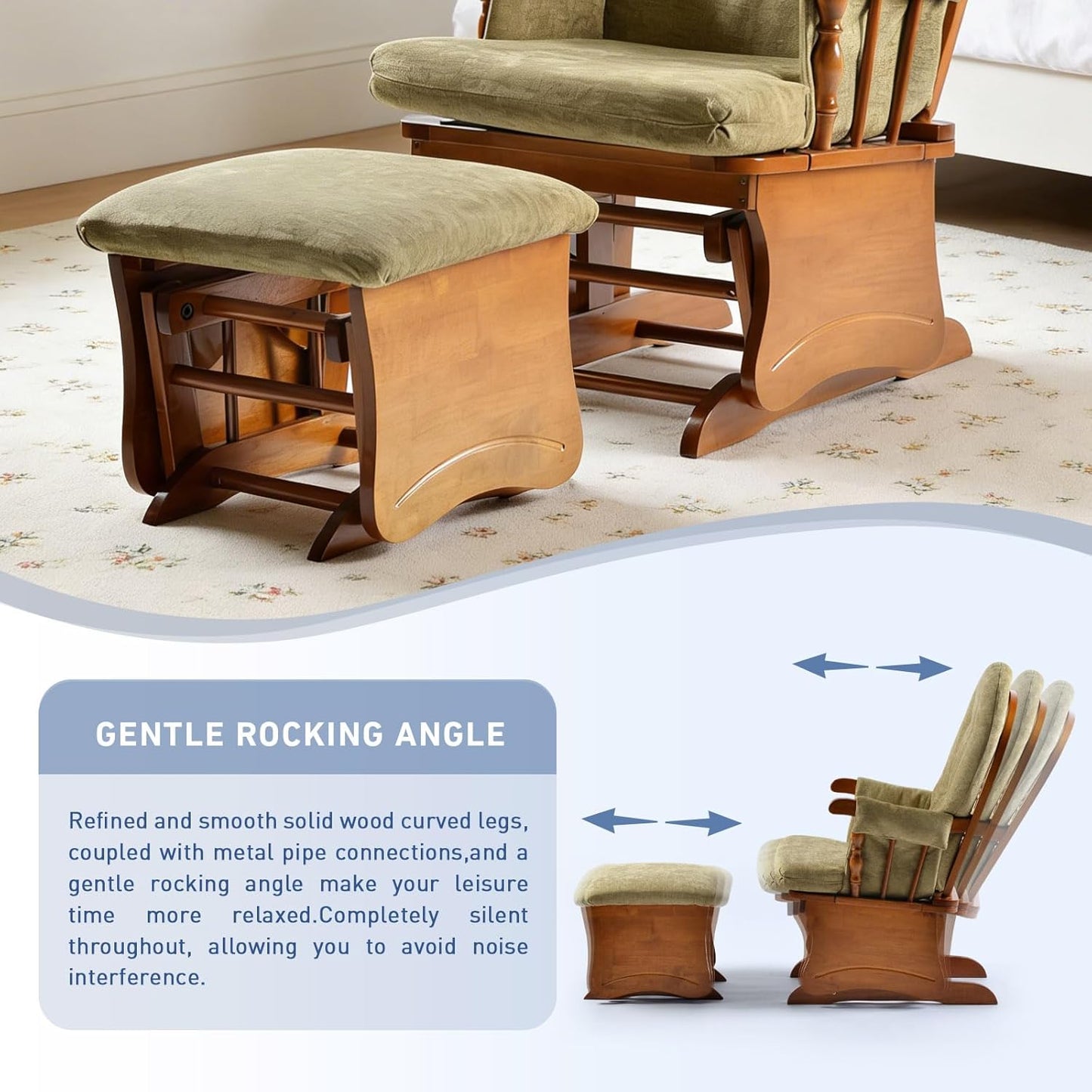 Rustic Rubber Wood Glider and Ottoman Set, Nursery Glider Chair for Breastfeeding and Relaxing, Comfortable Rocking Chair for Living Room and Bedroom（Tan）
