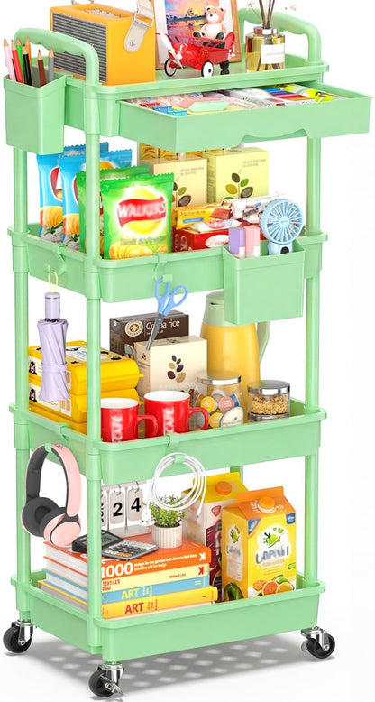 SUNALLY 3 Tier Rolling Cart with Drawer, Bathroom Storage Organizer with 2 Lockable Wheels, Multifunctional Rolling Storage Cart for Bathroom, Kitchen, Office, Craft, Makeup, Baby Essentials, White