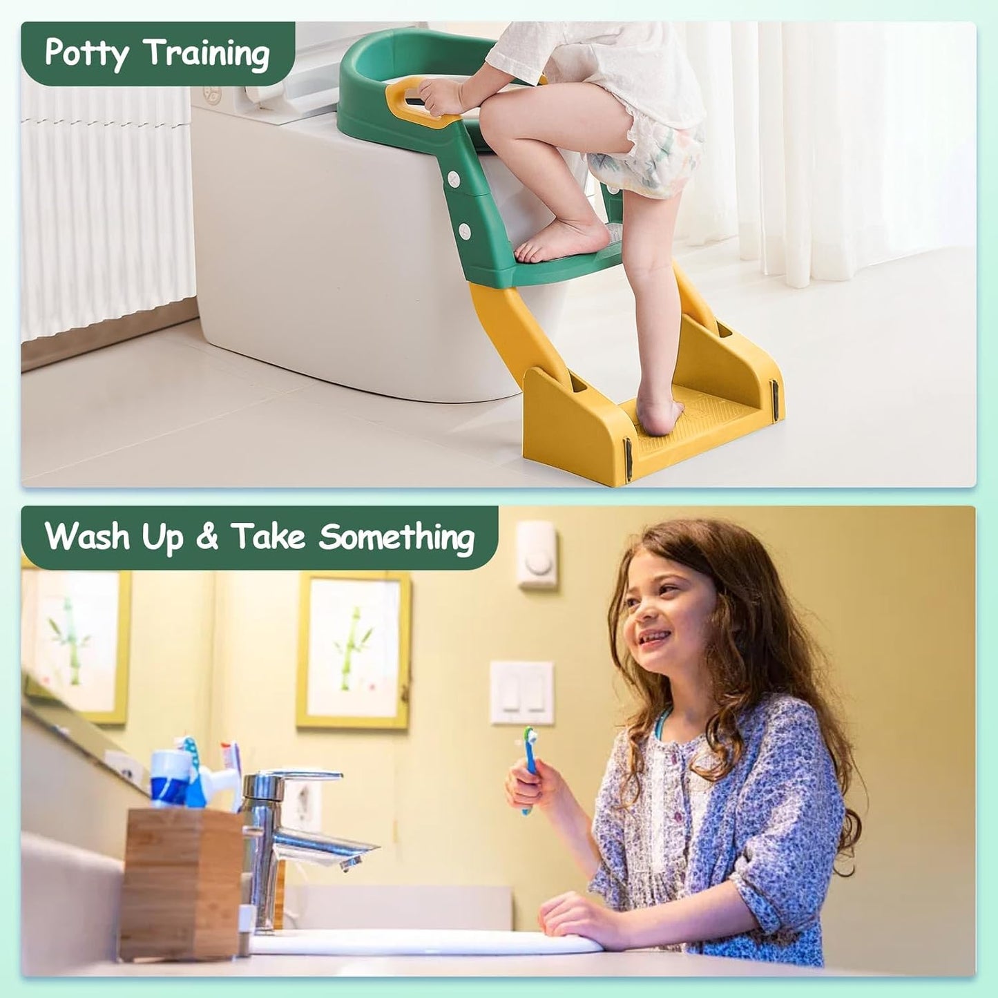 3 in 1 Toddler Potty Training Seat Chair with Ladder and Basin for Boys and Girls, Adjustable Kids Potty Training Seat for Toilet with Anti-Slip Wide Steps and Safety Handles (Green)