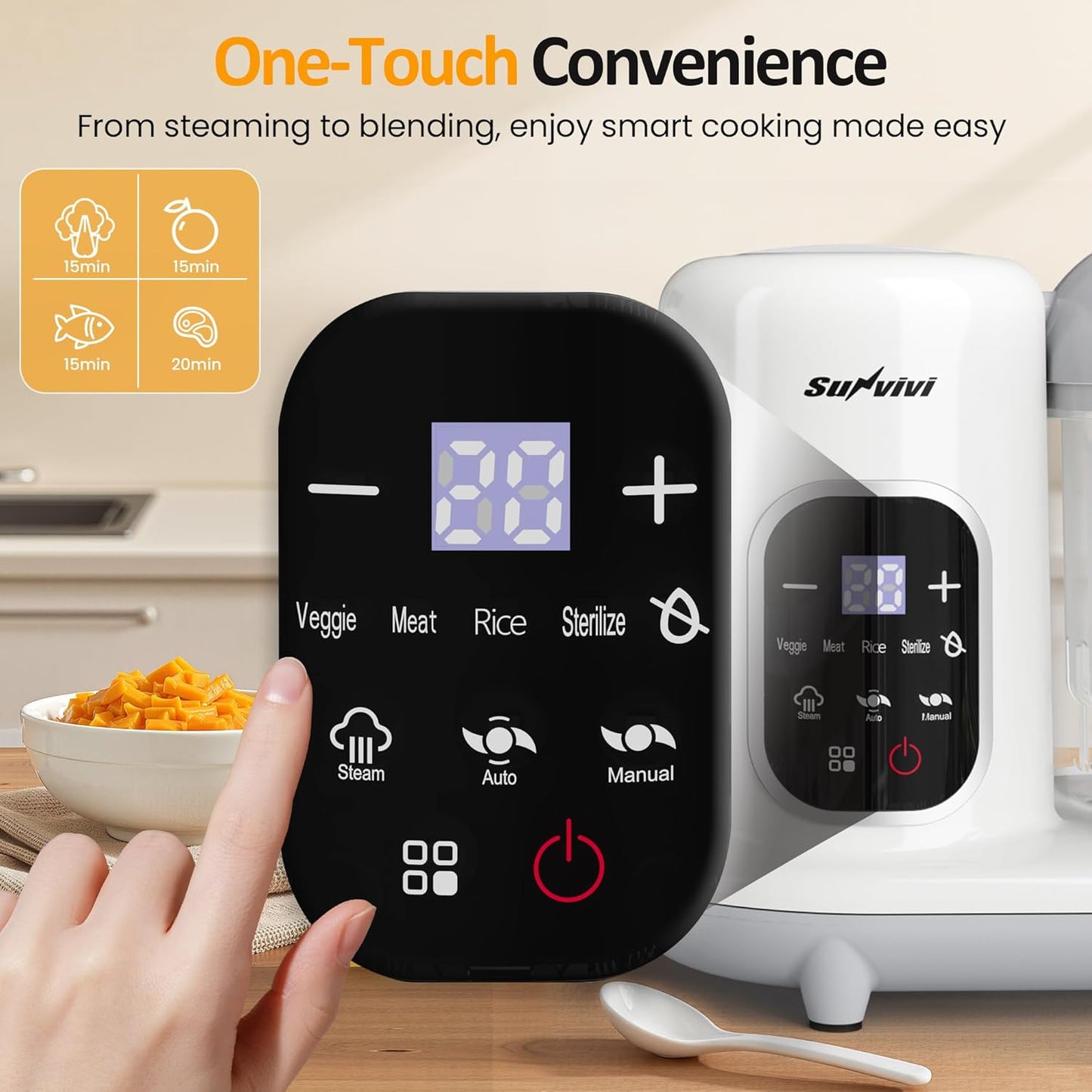 Sunvivi Baby Food Maker: All-in-one Baby Food Processor with Steam, Heating, Unfreeze, Blender, Electric Blender and Food Processor Combo with Self Clean LCD Display, Baby Food Steamer Grinder White