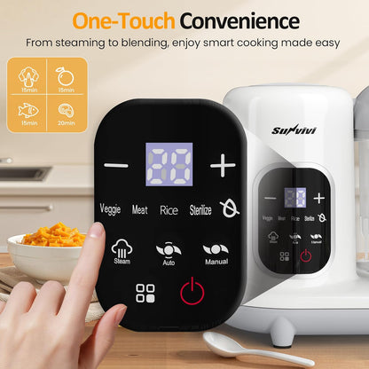 Sunvivi Baby Food Maker: All-in-one Baby Food Processor with Steam, Heating, Unfreeze, Blender, Electric Blender and Food Processor Combo with Self Clean LCD Display, Baby Food Steamer Grinder White