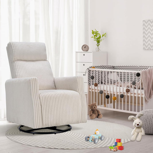 CANMOV Swivel Rocker Chair for Nursery, Swivel Accent Chair with High Back and Arms, Corduroy Glider Chair for Living Room Bedroom Nursery, Grey