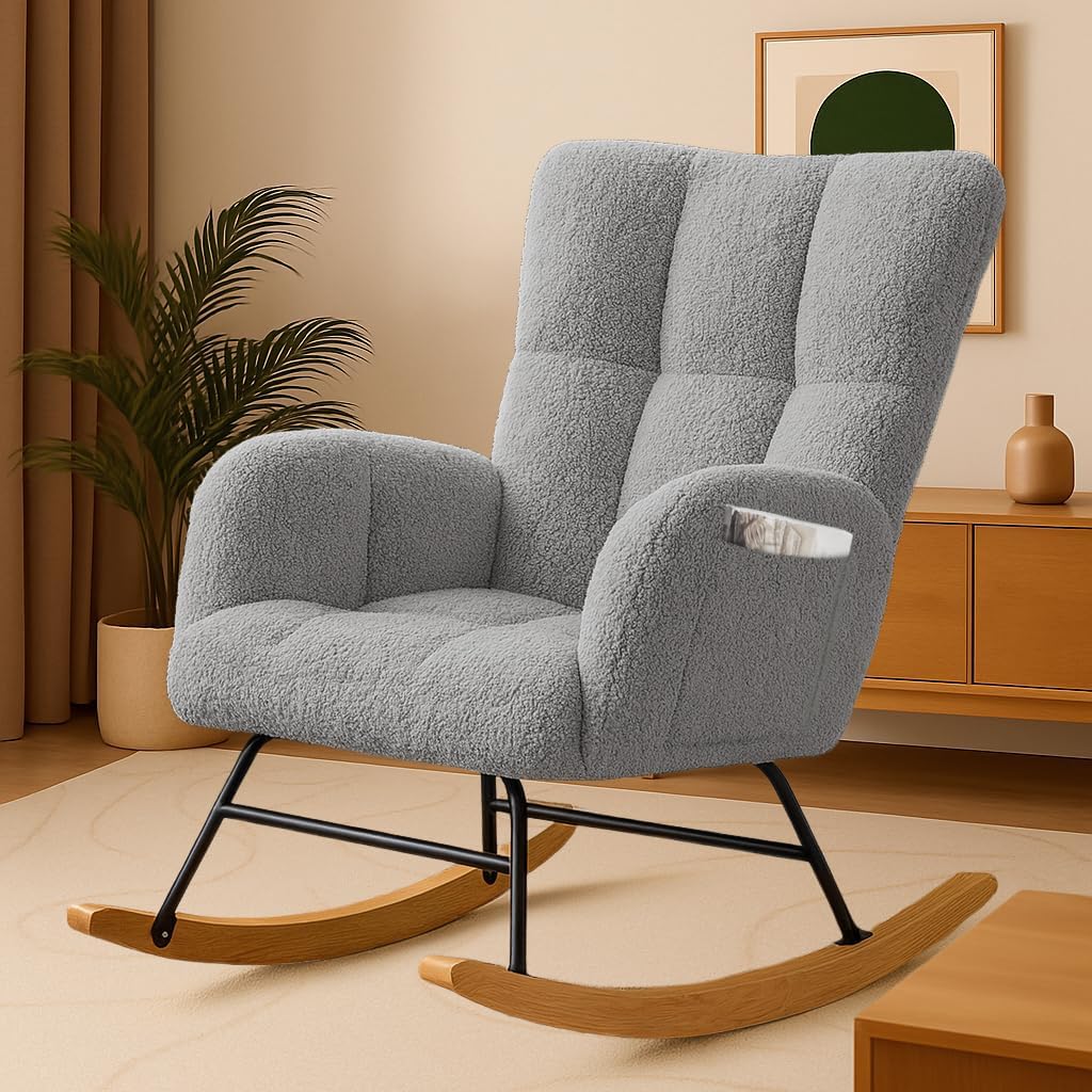 COMHOMA Nursery Rocking Chair with Ottoman,Teddy Glider Rocking Chair,Accent Chair with High Backrest Reading Chair for Adult,Nursery,Bedroom,Living Room,Offices(Beige with Ottoman)