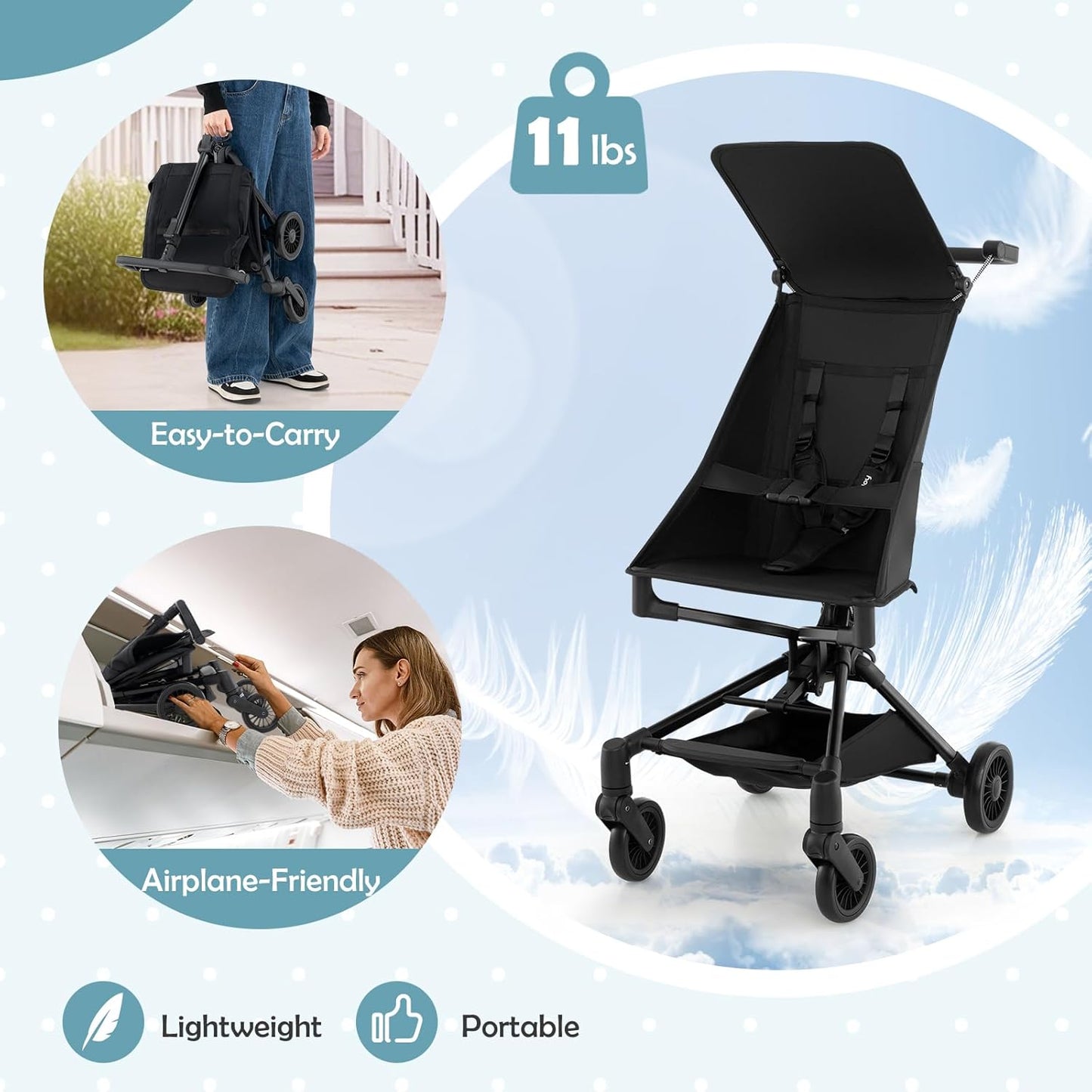 BABY JOY Lightweight Stroller, Compact Travel Stroller for Airplane with Easy One-Hand Fold, Adjustable Canopy, Storage Basket & All-Terrain Wheels for Toddlers 6-36 Months (Black)