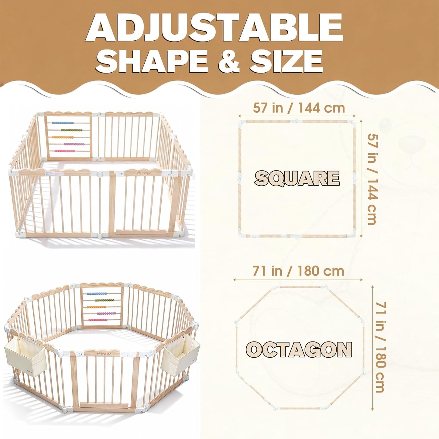 M MEEPO Foldable Baby Playpen, 57 x 57 x 25 in, Adjustable Shape & Size Wooden Baby Playpen with 2-Pack Storage Bags, Nature Pine Wood Play Yard for Infant, Toddler, Safety Lock Door, Build in Toys