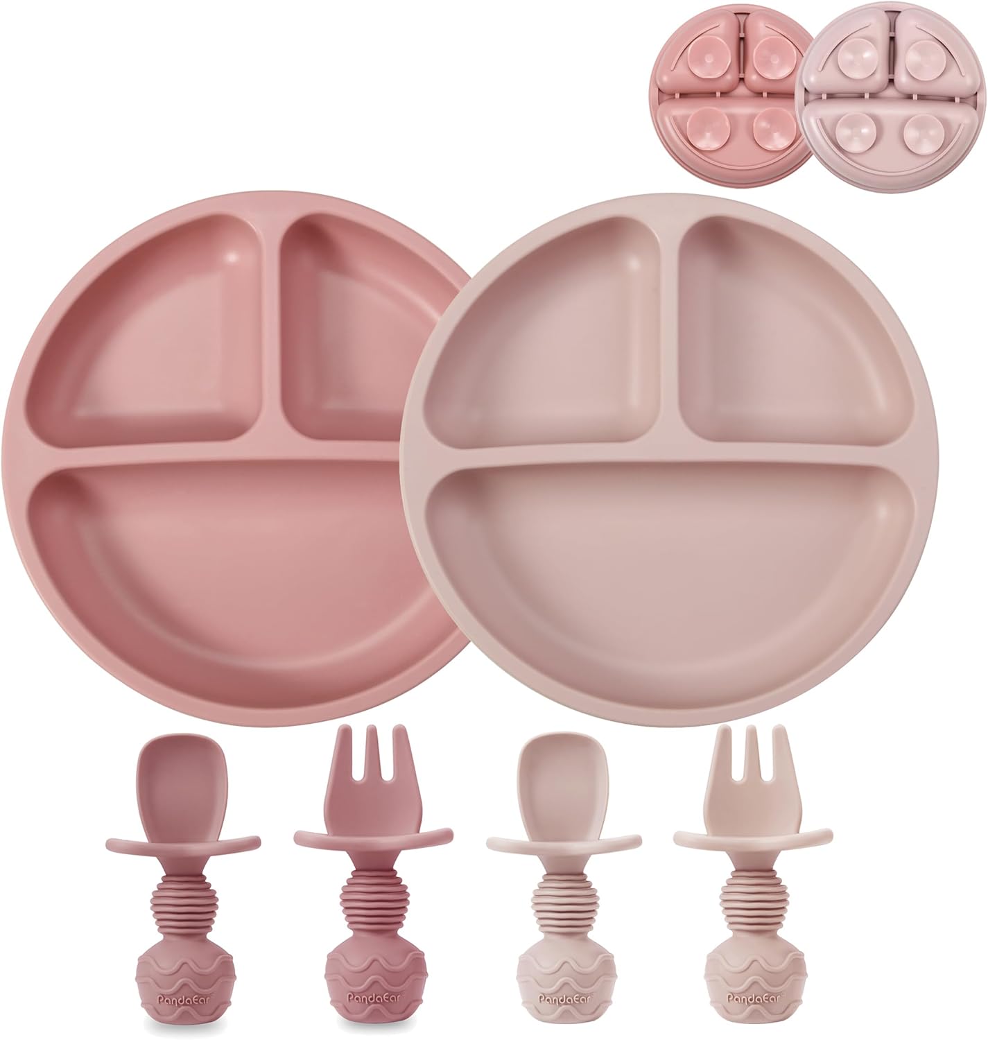 PandaEar 2 Pack Toddler Divided Suction Plates with 2 Spoons 2 Forks for Babies | Silicone Baby Led Weaning Supplies Self Feeding Eating Utensils | BPA-Free Baby Feeding Set - Pink