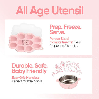 9-Piece Silicone Baby Feeding Set | Suction Bowl, Plate, Bib, Cup, Fork & Spoon | BPA-Free Food-Grade Silicone Baby Tableware | Baby-Led Weaning | Dishwasher (Pink)