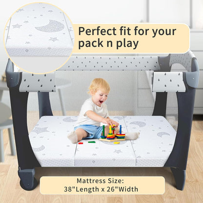 Pack and Play Mattress, 38x26 Pack N Play Mattresses Pad Dual-Sided Soft & Firm Memory Foam 3 Inch Thick with Breathable Removable Cover